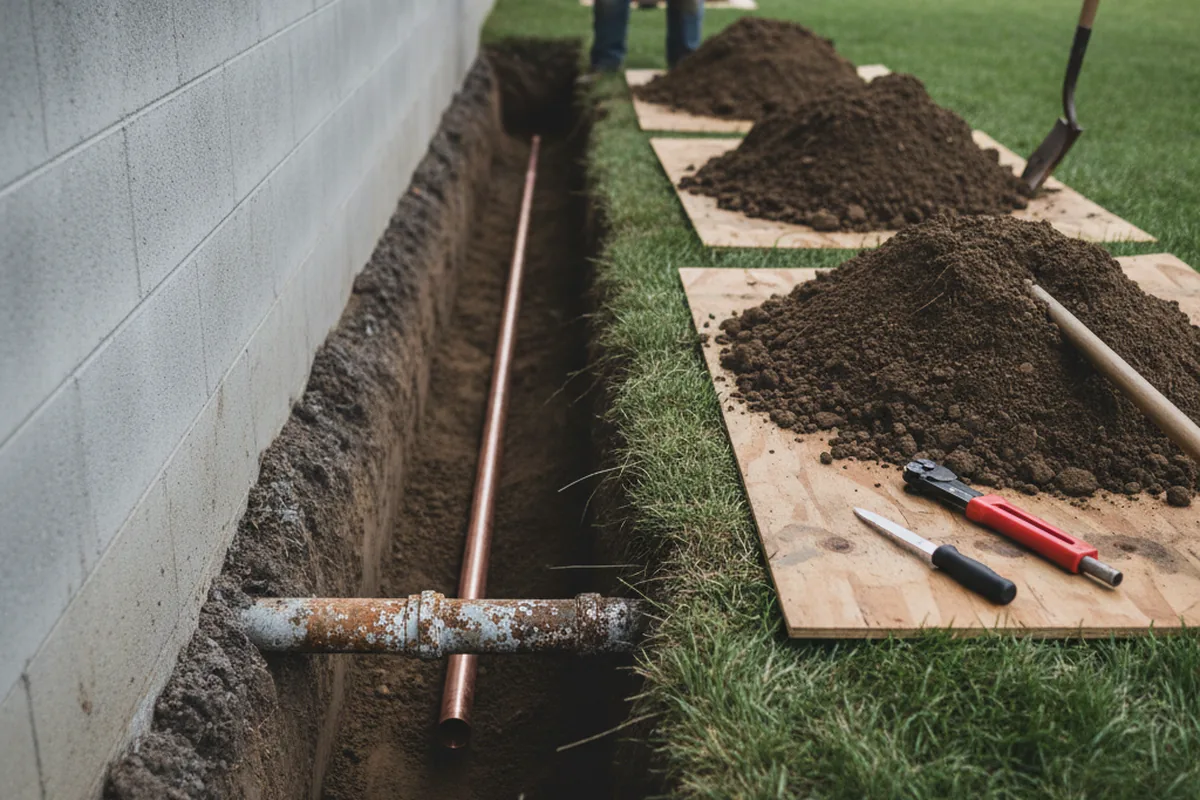 Excavated water line trench during Sewer Line Repair in Acme